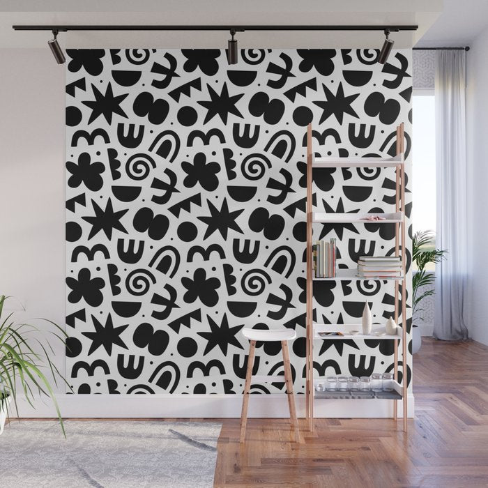 Black abstract organic shape doodle pattern Wall Mural Gallery Image 1