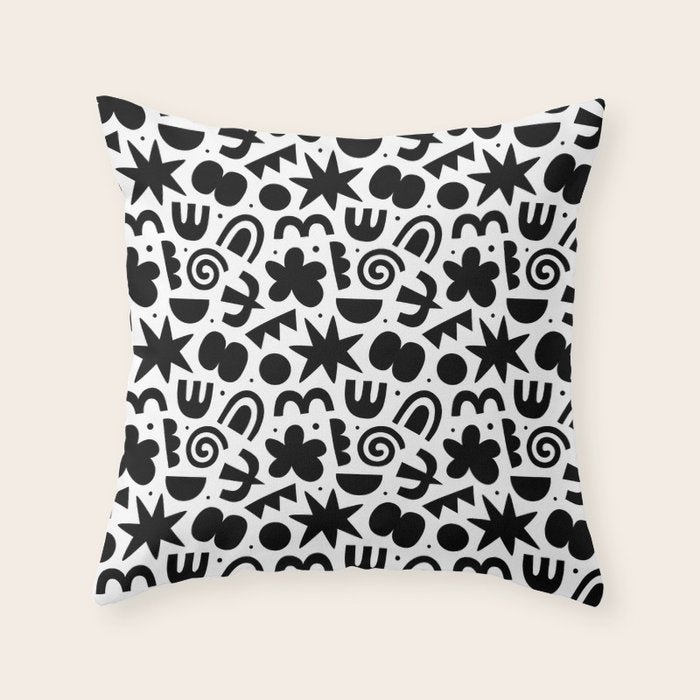 Black abstract organic shape doodle pattern Throw Pillow Gallery Image 1