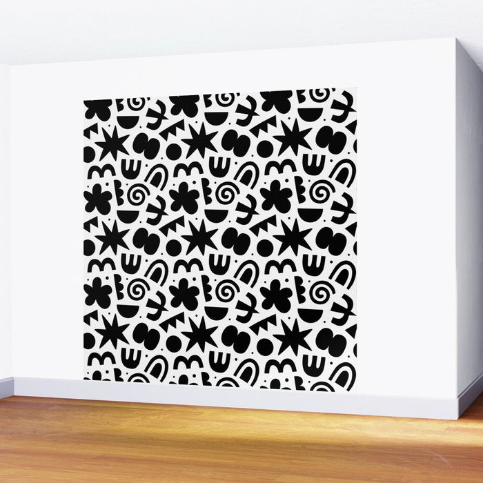 Black abstract organic shape doodle pattern Wall Mural Gallery Image 2