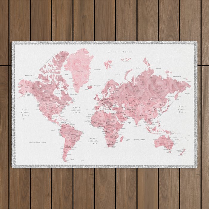 Light pink, muted pink and dusty pink watercolor world map with cities Outdoor Rug Gallery Image 1