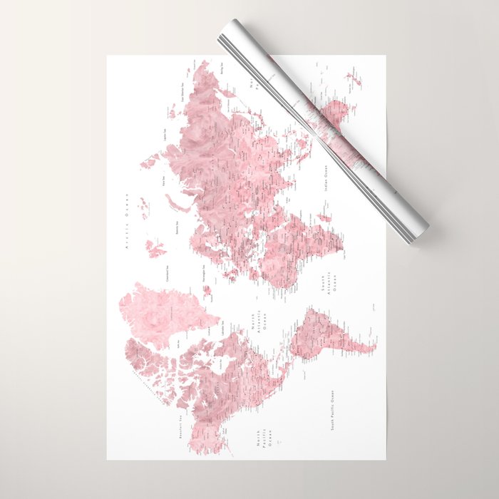 Light pink, muted pink and dusty pink watercolor world map with cities Wrapping Paper Gallery Image 1