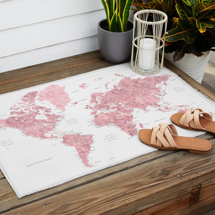 Light pink, muted pink and dusty pink watercolor world map with cities Outdoor Rug Gallery Image 2