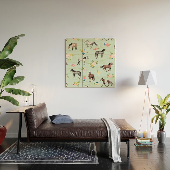 Horses and Small Flowers, Mint Blue, Horse Decor, Floral Print, Horse Art Wood Wall Art Gallery Image 2