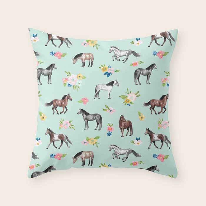 Horses and Small Flowers, Mint Blue, Horse Decor, Floral Print, Horse Art Throw Pillow Gallery Image 6