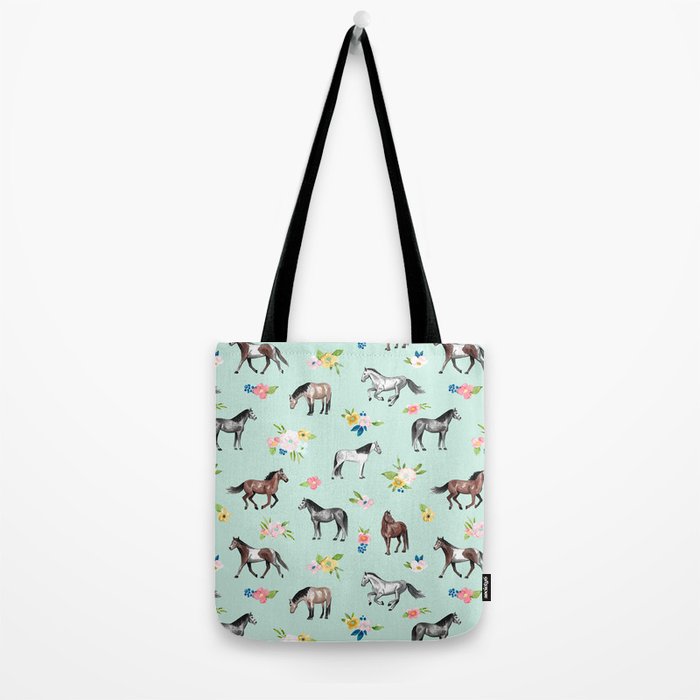 Horses and Small Flowers, Mint Blue, Horse Decor, Floral Print, Horse Art Tote Bag Gallery Image 2