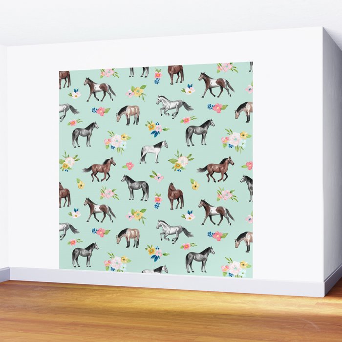 Horses and Small Flowers, Mint Blue, Horse Decor, Floral Print, Horse Art Wall Mural Gallery Image 2