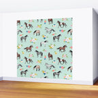 Horses and Small Flowers, Mint Blue, Horse Decor, Floral Print, Horse Art Wall Mural Gallery Image 2