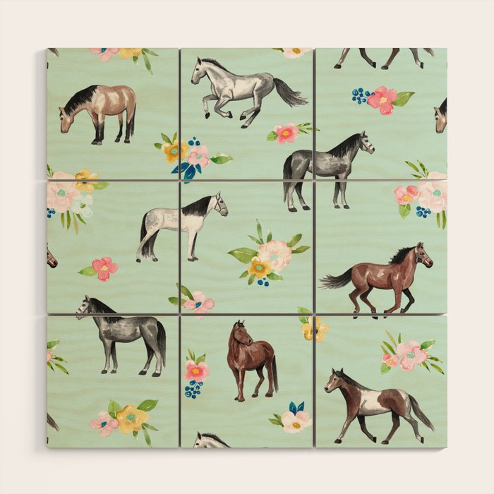 Horses and Small Flowers, Mint Blue, Horse Decor, Floral Print, Horse Art Wood Wall Art Gallery Image 1