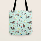 Horses and Small Flowers, Mint Blue, Horse Decor, Floral Print, Horse Art Tote Bag Gallery Image 1