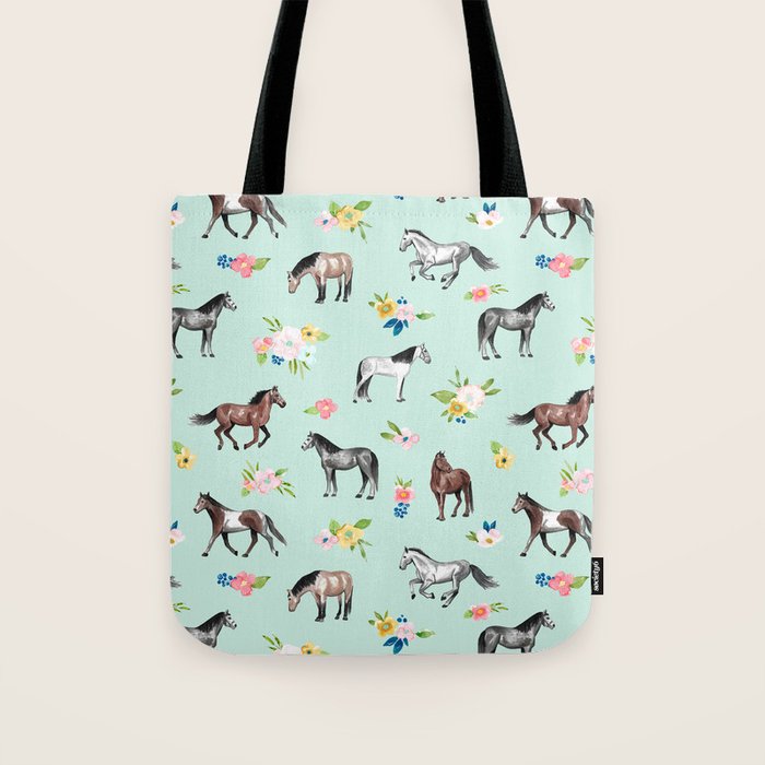 Horses and Small Flowers, Mint Blue, Horse Decor, Floral Print, Horse Art Tote Bag Gallery Image 1
