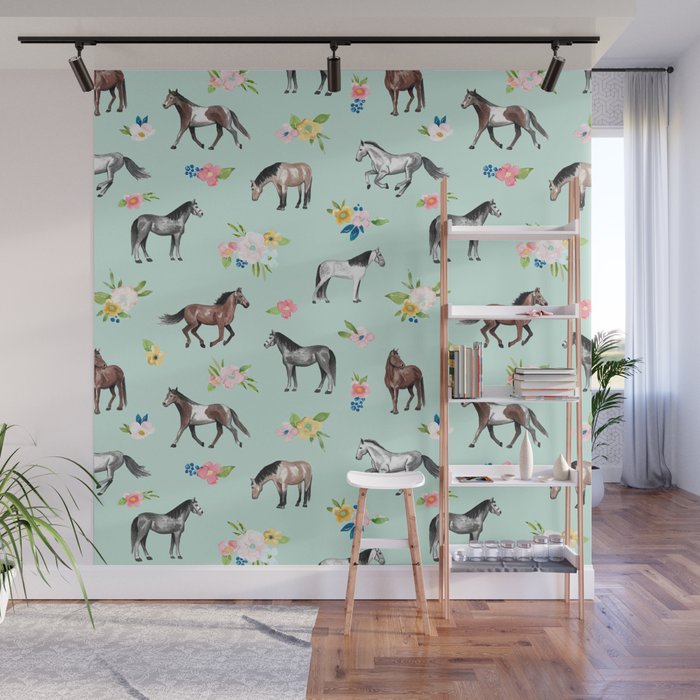 Horses and Small Flowers, Mint Blue, Horse Decor, Floral Print, Horse Art Wall Mural Gallery Image 1