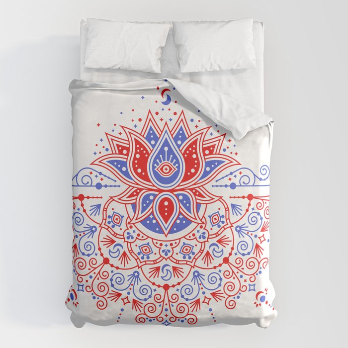 Sacred Lotus Mandala - Red & Blue Palette Duvet Cover Gallery Image 6