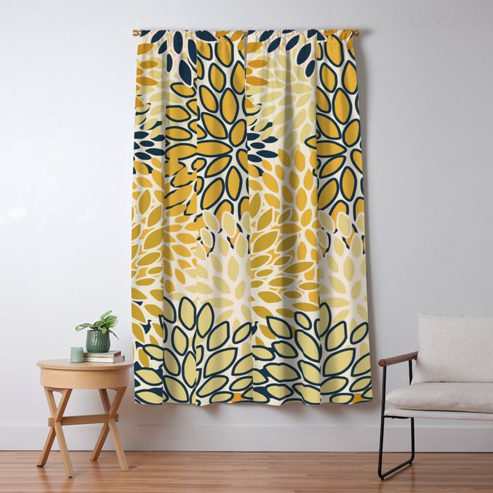 Floral Prints, Abstract Art, Navy Blue and Mustard Yellow, Window Curtain Gallery Image 5