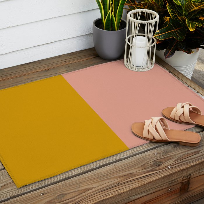 Blush Pink and Mustard Gold Minimalist Color Block Outdoor Rug Gallery Image 2