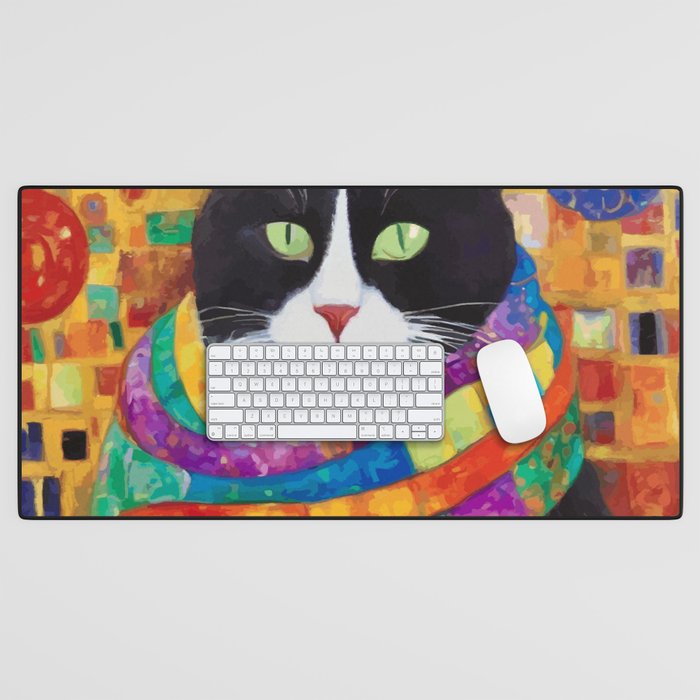 Gustav Klimt Style Cat with Green Eyes and a Colorful Scarf Desk Mat Gallery Image 1