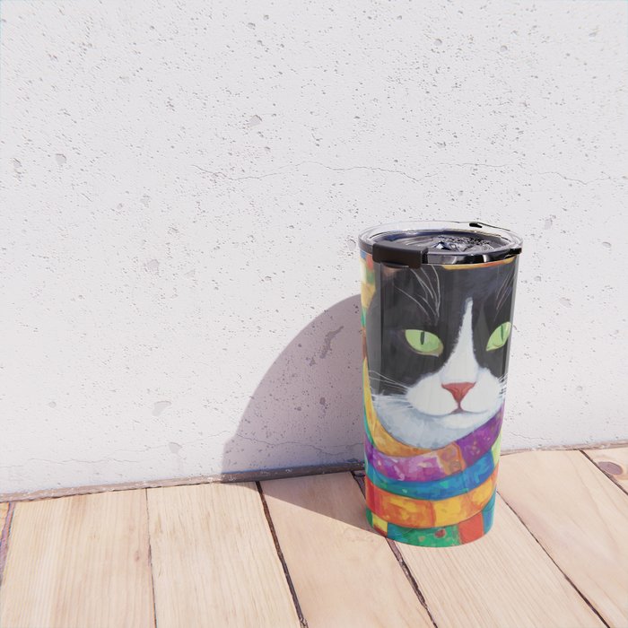 Gustav Klimt Style Cat with Green Eyes and a Colorful Scarf Travel Mug Gallery Image 4