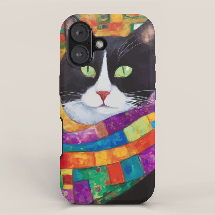 Gustav Klimt Style Cat with Green Eyes and a Colorful Scarf iPhone Case Gallery Image 1