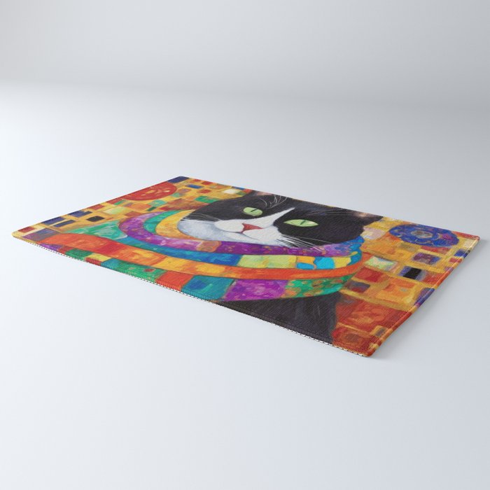 Gustav Klimt Style Cat with Green Eyes and a Colorful Scarf Rug Gallery Image 3