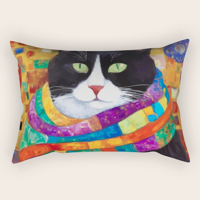 Gustav Klimt Style Cat with Green Eyes and a Colorful Scarf Rectangular Pillow Gallery Image 2