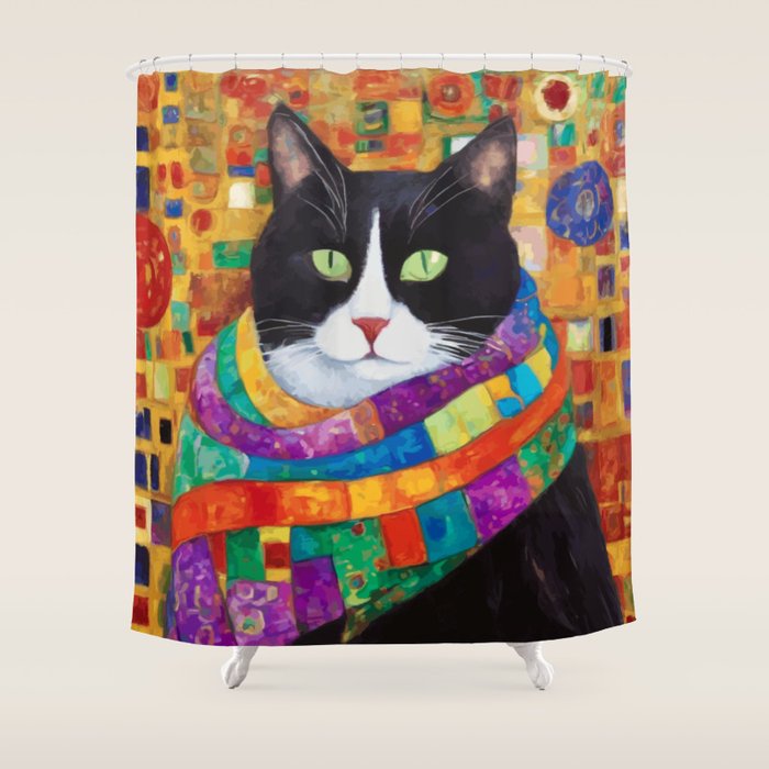 Gustav Klimt Style Cat with Green Eyes and a Colorful Scarf Shower Curtain Gallery Image 1