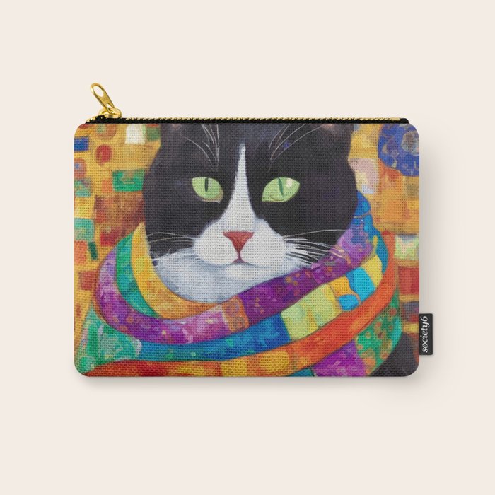 Gustav Klimt Style Cat with Green Eyes and a Colorful Scarf Carry All Pouch Gallery Image 1