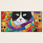 Gustav Klimt Style Cat with Green Eyes and a Colorful Scarf Desk Mat Gallery Image 3