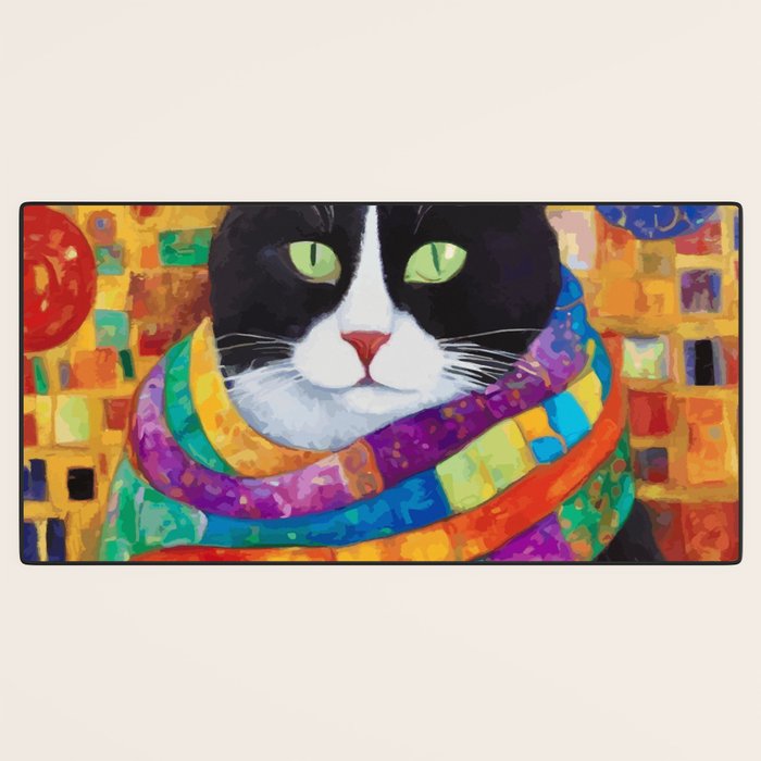 Gustav Klimt Style Cat with Green Eyes and a Colorful Scarf Desk Mat Gallery Image 3