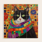 Gustav Klimt Style Cat with Green Eyes and a Colorful Scarf Wood Wall Art Gallery Image 1