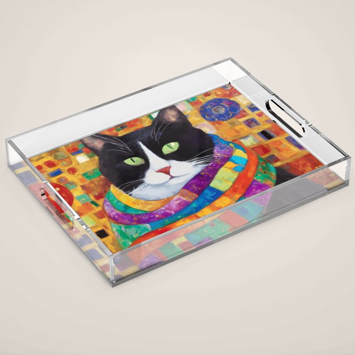 Gustav Klimt Style Cat with Green Eyes and a Colorful Scarf Acrylic Tray Gallery Image 1