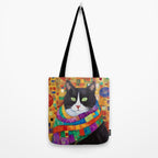 Gustav Klimt Style Cat with Green Eyes and a Colorful Scarf Tote Bag Gallery Image 2