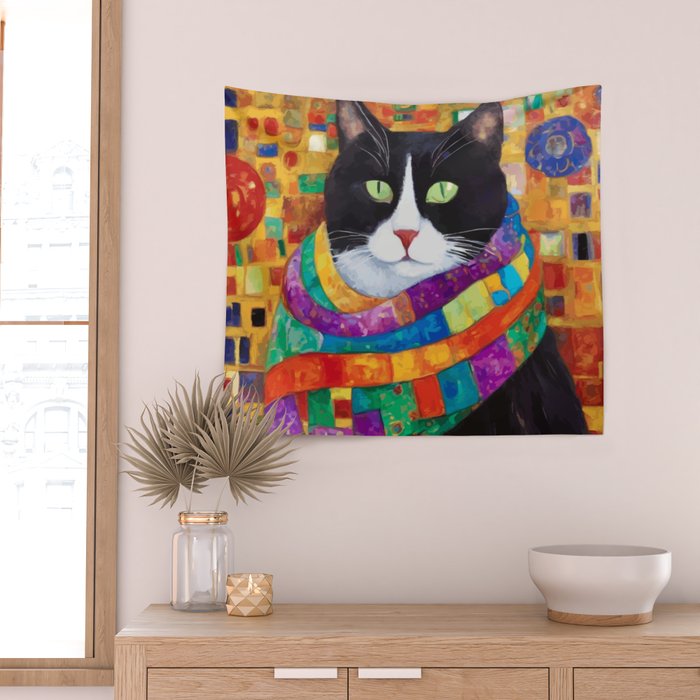 Gustav Klimt Style Cat with Green Eyes and a Colorful Scarf Wall Tapestry Gallery Image 2
