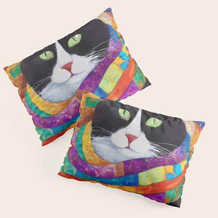 Gustav Klimt Style Cat with Green Eyes and a Colorful Scarf Pillow Sham Gallery Image 1
