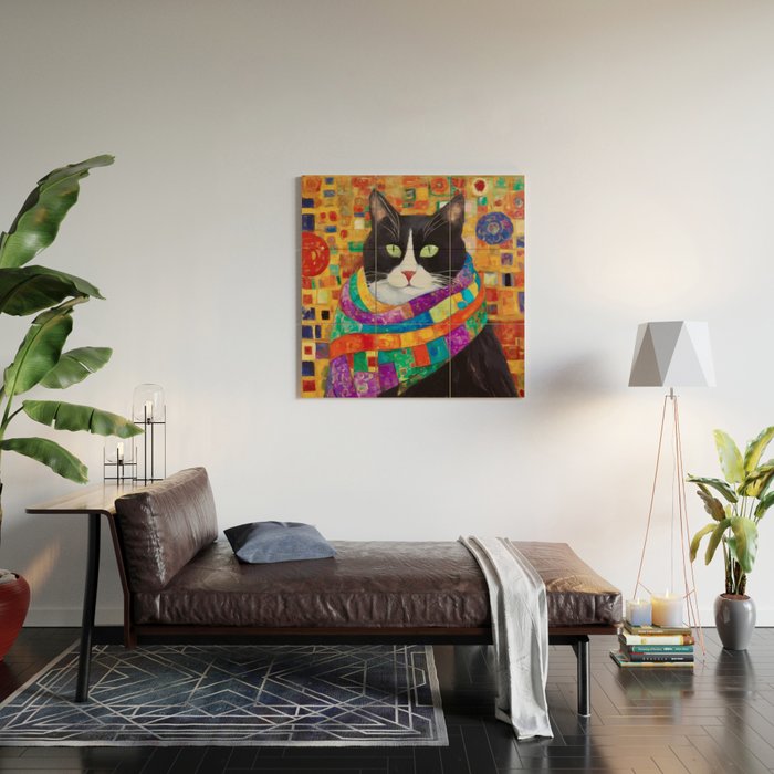 Gustav Klimt Style Cat with Green Eyes and a Colorful Scarf Wood Wall Art Gallery Image 2