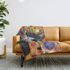 Gustav Klimt Style Cat with Green Eyes and a Colorful Scarf Throw Blanket Gallery Image 1