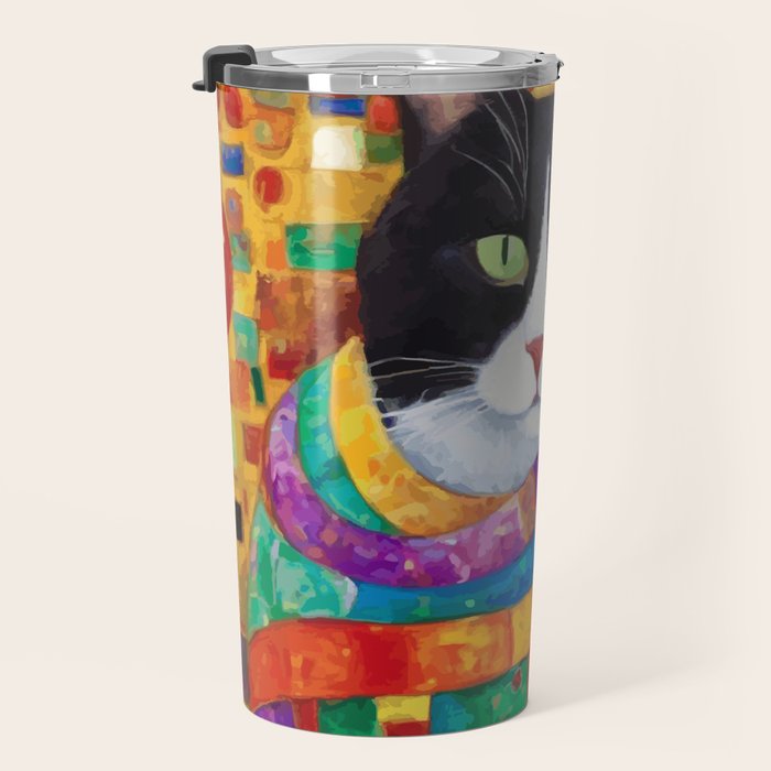 Gustav Klimt Style Cat with Green Eyes and a Colorful Scarf Travel Mug Gallery Image 3