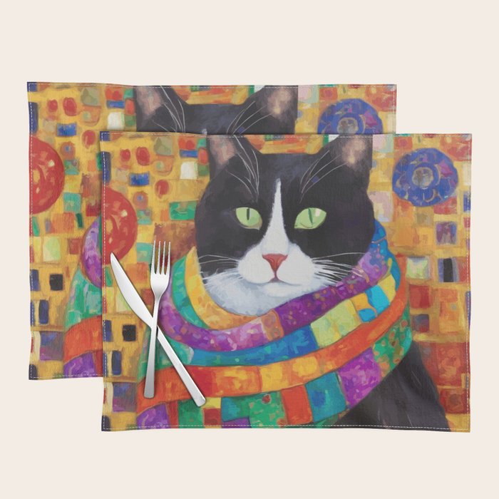 Gustav Klimt Style Cat with Green Eyes and a Colorful Scarf Placemat Gallery Image 1