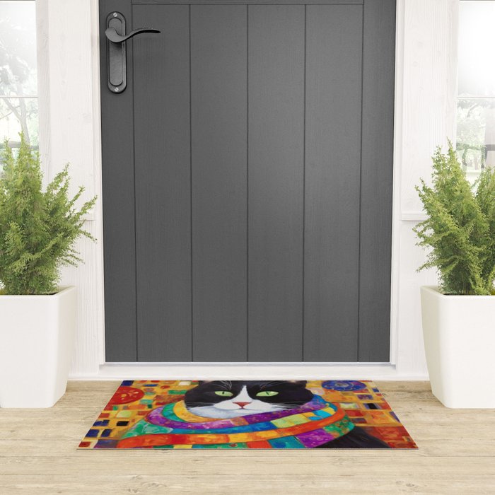 Gustav Klimt Style Cat with Green Eyes and a Colorful Scarf Welcome Mat Gallery Image 3