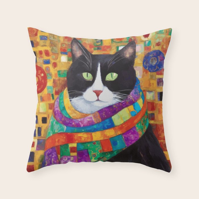 Gustav Klimt Style Cat with Green Eyes and a Colorful Scarf Throw Pillow Gallery Image 1