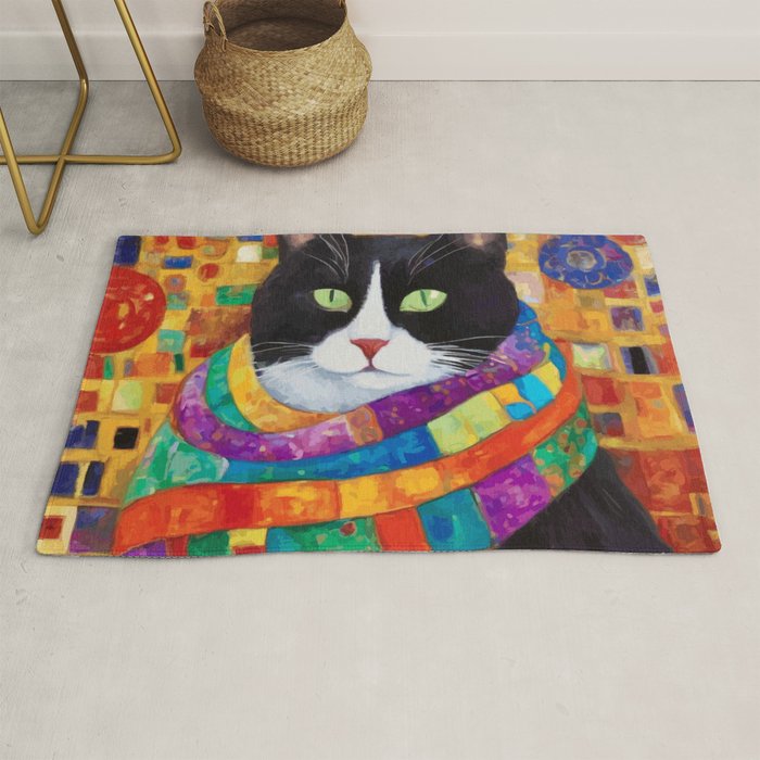 Gustav Klimt Style Cat with Green Eyes and a Colorful Scarf Rug Gallery Image 1
