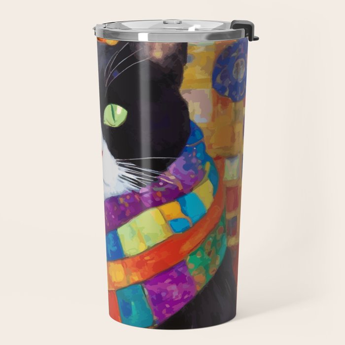 Gustav Klimt Style Cat with Green Eyes and a Colorful Scarf Travel Mug Gallery Image 2