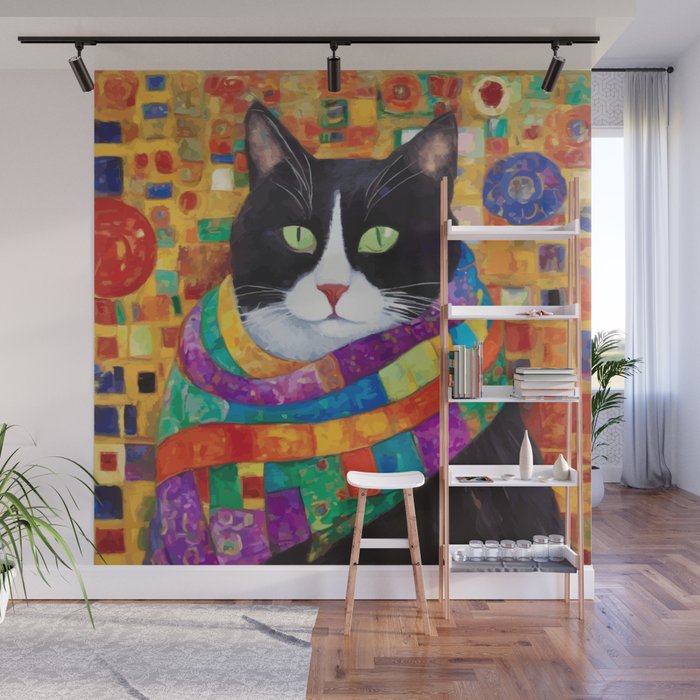 Gustav Klimt Style Cat with Green Eyes and a Colorful Scarf Wall Mural Gallery Image 1