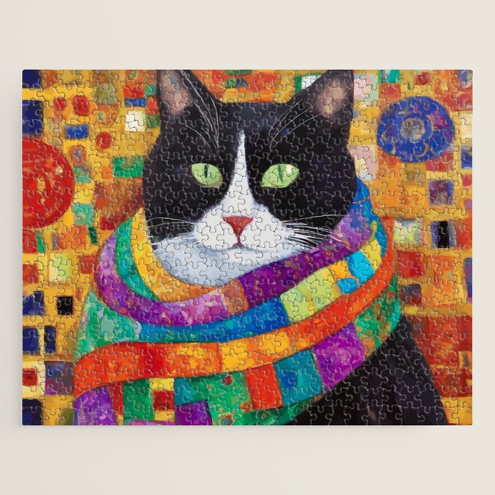 Gustav Klimt Style Cat with Green Eyes and a Colorful Scarf Jigsaw Puzzle Gallery Image 1
