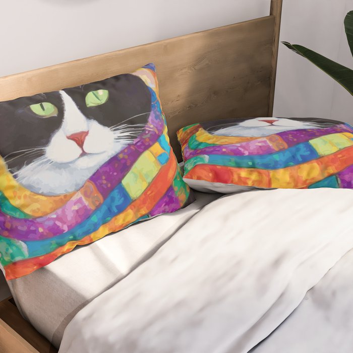 Gustav Klimt Style Cat with Green Eyes and a Colorful Scarf Pillow Sham Gallery Image 2