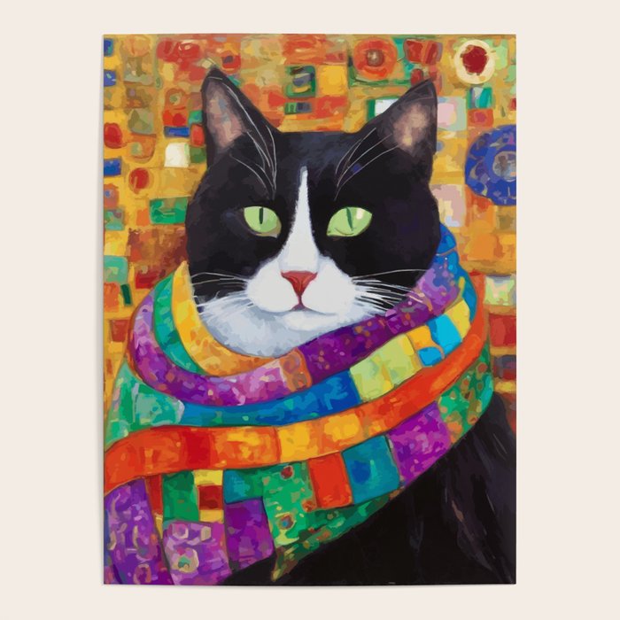 Gustav Klimt Style Cat with Green Eyes and a Colorful Scarf Poster Gallery Image 1