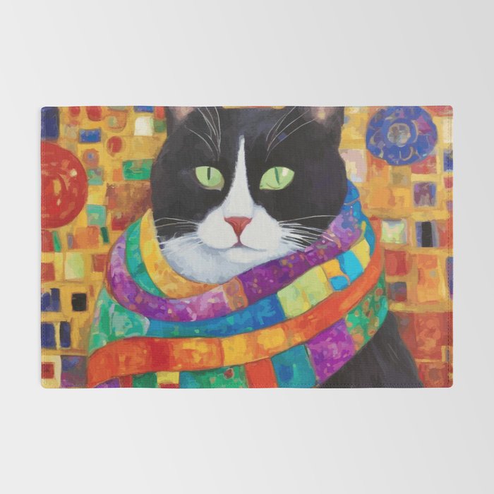 Gustav Klimt Style Cat with Green Eyes and a Colorful Scarf Rug Gallery Image 2