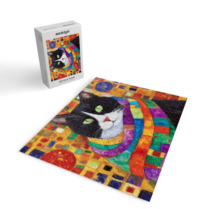 Gustav Klimt Style Cat with Green Eyes and a Colorful Scarf Jigsaw Puzzle Gallery Image 2