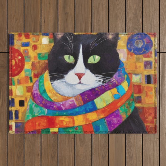 Gustav Klimt Style Cat with Green Eyes and a Colorful Scarf Outdoor Rug Gallery Image 1