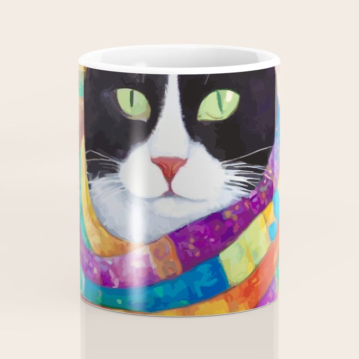 Gustav Klimt Style Cat with Green Eyes and a Colorful Scarf Coffee Mug Gallery Image 4