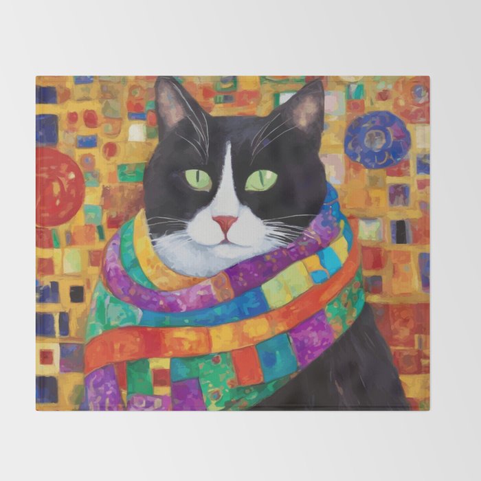Gustav Klimt Style Cat with Green Eyes and a Colorful Scarf Throw Blanket Gallery Image 2