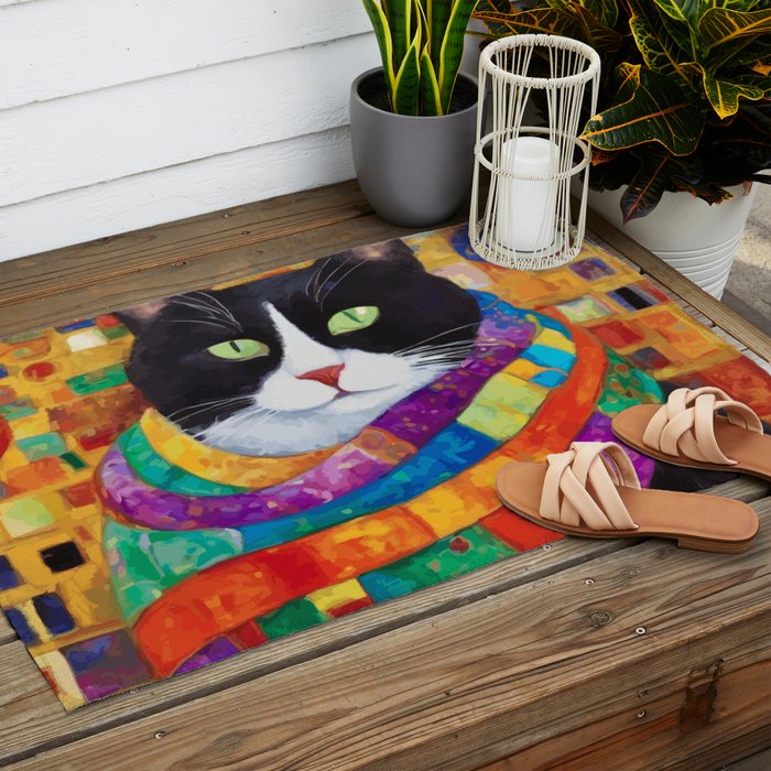 Gustav Klimt Style Cat with Green Eyes and a Colorful Scarf Outdoor Rug Gallery Image 2